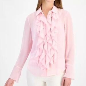 Anne Klein Long Sleeve Waterfall Ruffle Peony Pink Blouse 2 Piece Womens Small